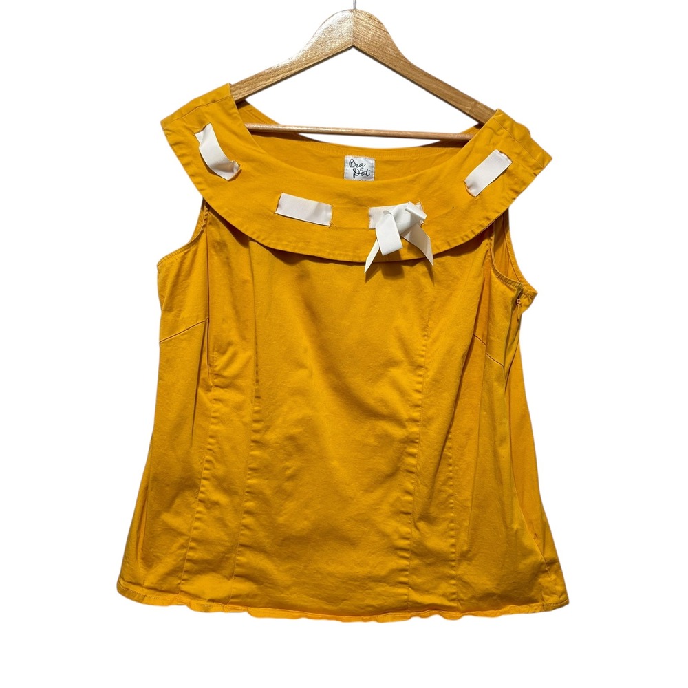 Bea & Dot ModCloth Womens Top 2X Yellow Bow Accent Cotton Blend Retro Feminine‎